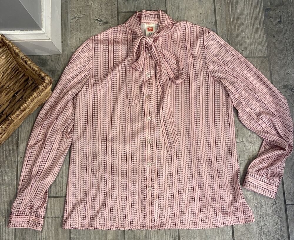VTG 70s 80s St Michael Marks & Spencer Pink Stripe Bow Blouse UK 16 US 10